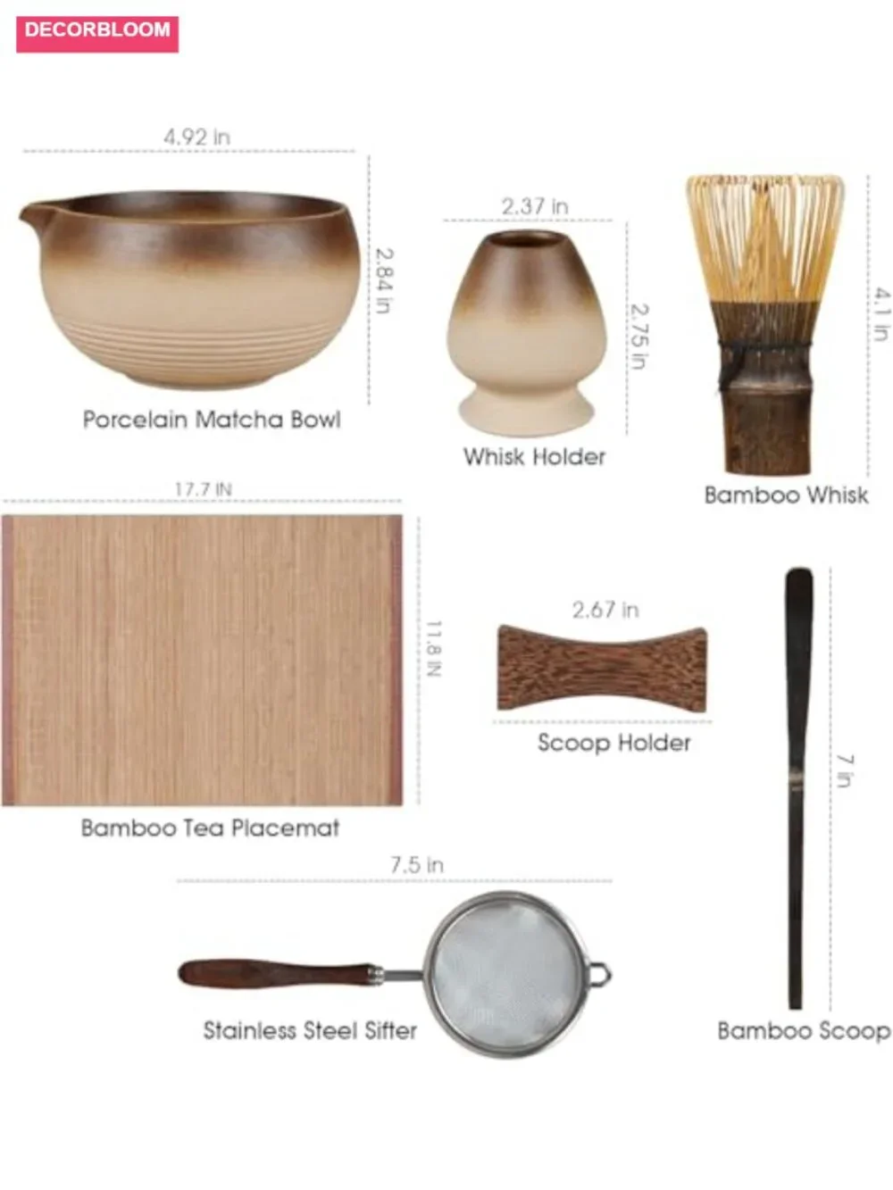 7-Piece Matcha Set with Bowl, 100-Prong Bamboo Whisk & Tea Mat